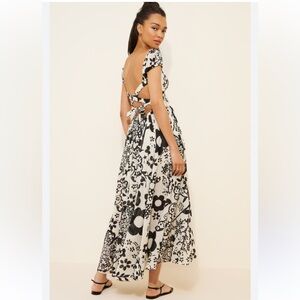 Free people ultraviolet Black White Floral Maxi smocked cotton  summer Dress xL